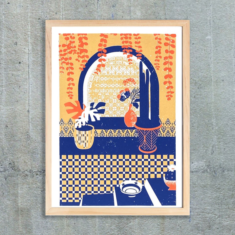 Sérigraphie artisanale « Oasis » – tirage d’art 3 couleurs avec jaune pailleté, imprimé à la main en France, décoration murale lumineuse et chaleureuse.