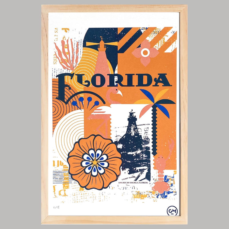 Sérigraphie artisanale « Florida » – tirage d’art 3 couleurs avec encre jaune pailletée, imprimé à la main en France, décoration murale colorée et contemporaine.