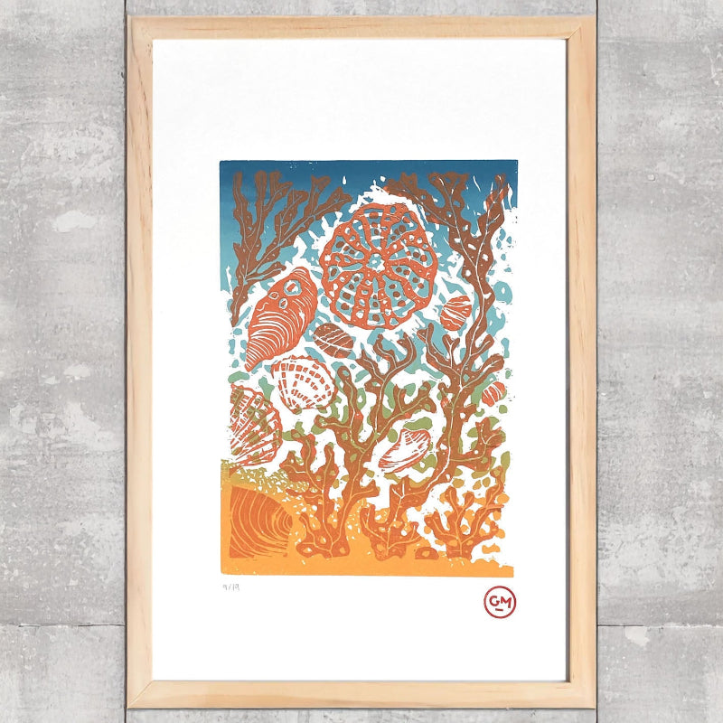 Sérigraphie Jardin Marin Couleur – tirage limité 3 couleurs imprimé à la main, création artisanale inspirée de la mer et du végétal