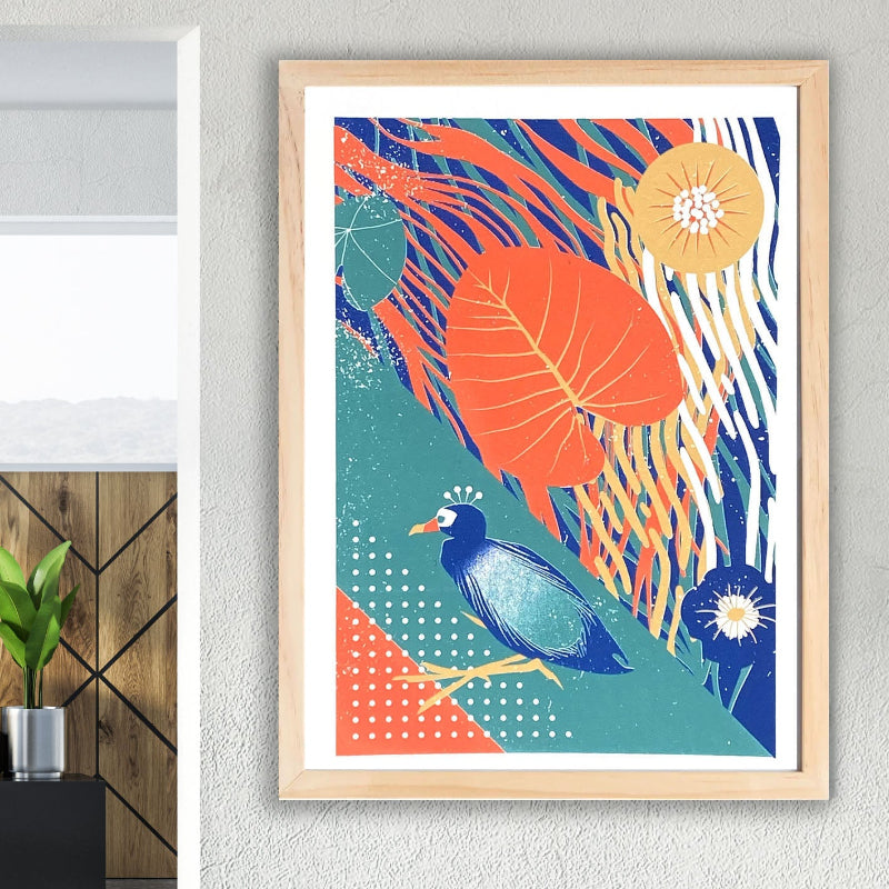 Sérigraphie artisanale « Les Marais » – tirage d’art 4 couleurs dont jaune pailleté, représentant roseaux et oiseaux d’eau, œuvre faite main en France pour décoration murale naturelle.