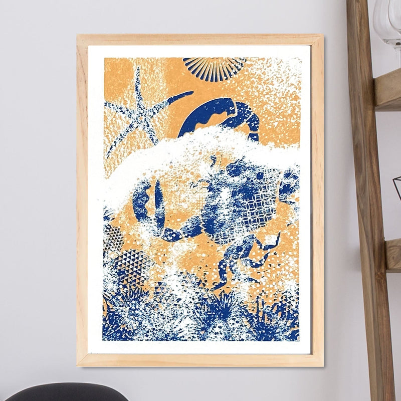 sérigraphie, série plage, crabe et sable, fait main, décoration intérieur