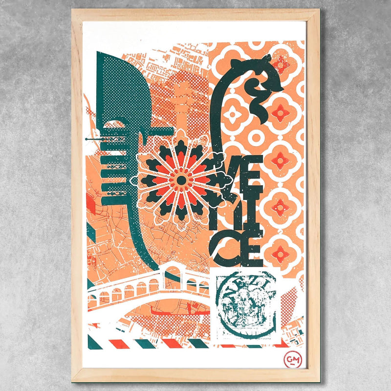 Sérigraphie artisanale « Venise » – tirage d’art 3 couleurs rouge et rosé, imprimé à la main en France, œuvre contemporaine pour décoration murale colorée.